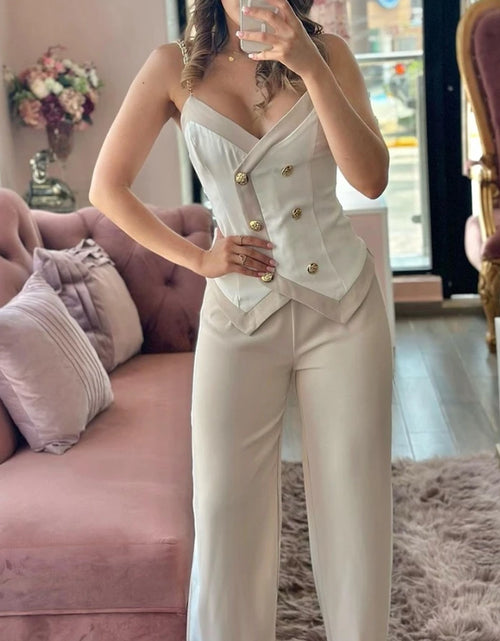 Load image into Gallery viewer, Women&#39;S Sexy Double Breasted Chain Strap Cami Top &amp; Casual High Waist Leg Pants Set Female Fashion Trousers Sets 2 Piece Outfits
